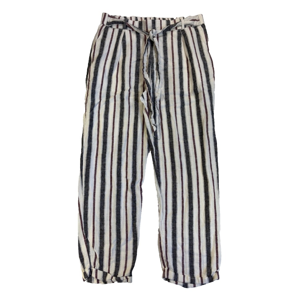 Love Tree Juniors L Gray Burgundy Striped Linen Pants Festival Beach Resort